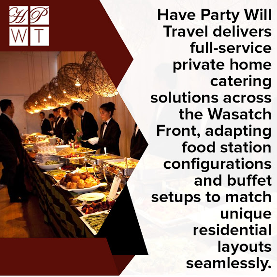 Private home catering service featuring elegant buffet dining and professional event staff at a residential venue