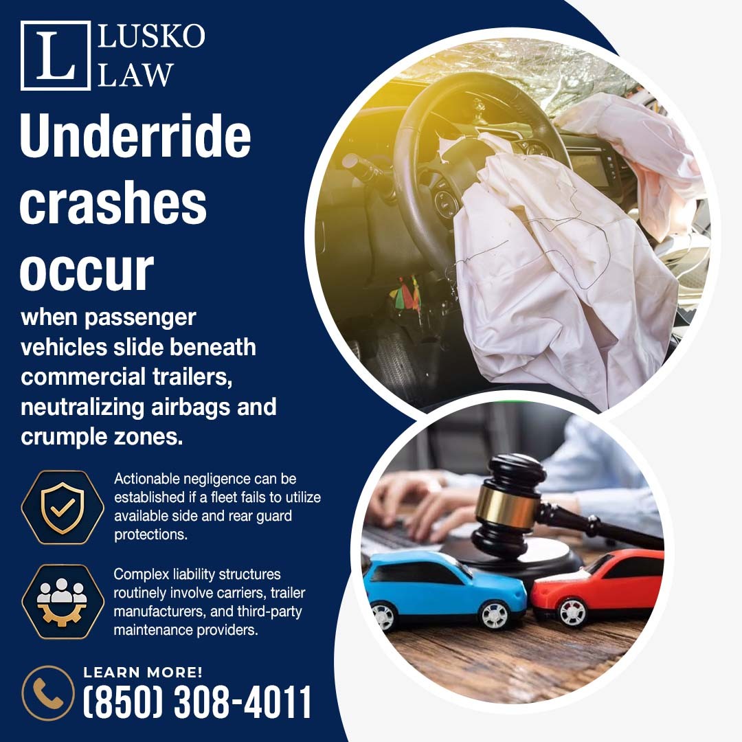 Deployed vehicle airbags and toy cars next to a legal gavel, with text detailing truck underride accident liability