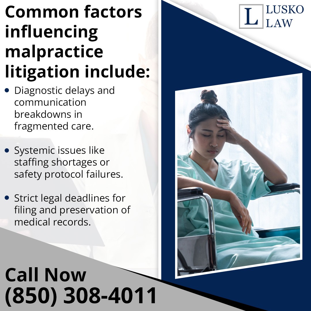 Infographic from Lusko Law listing common factors influencing medical malpractice litigation, showing a patient in a wheelchair.