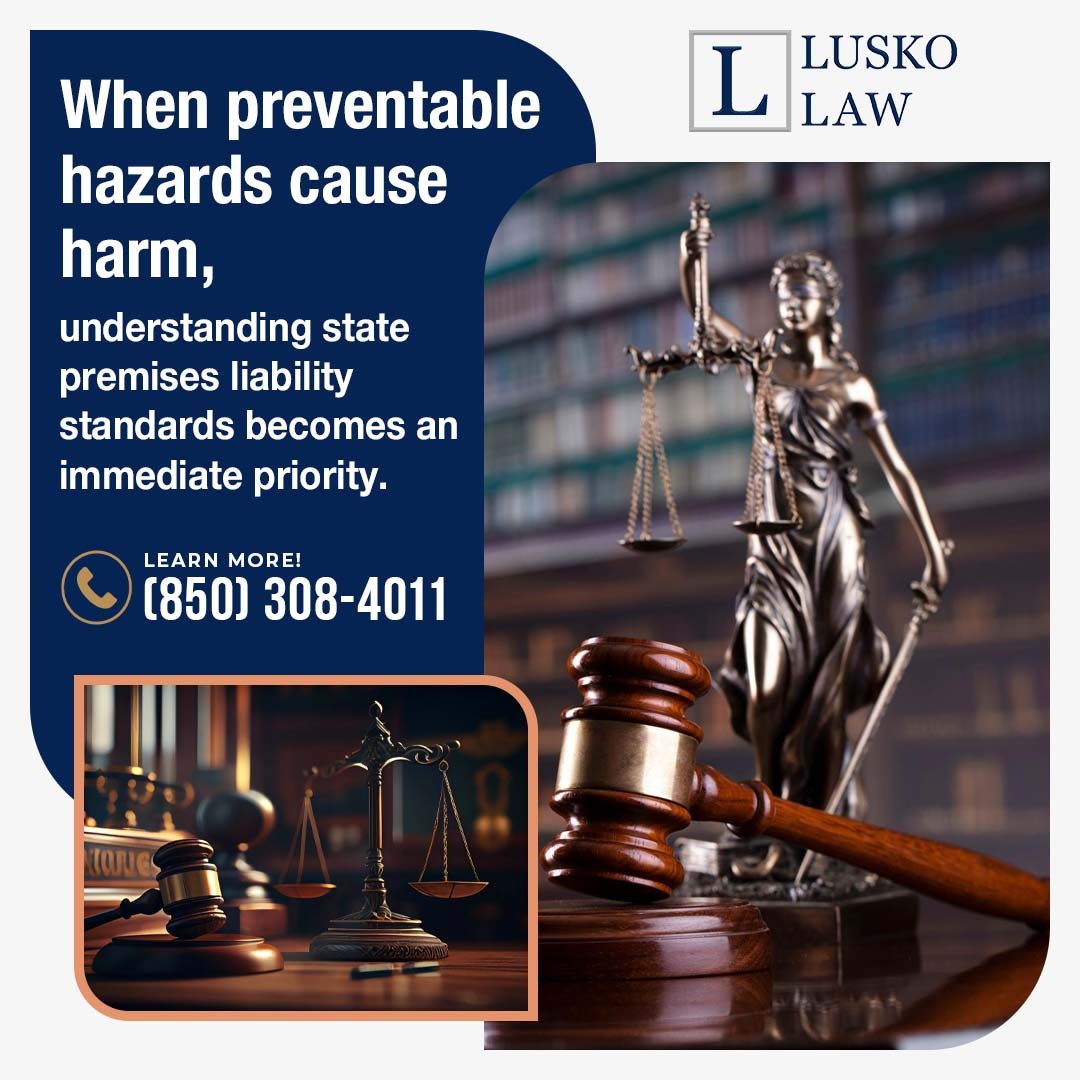 Lady Justice statue and a gavel, with text about state premises liability standards and a contact number.