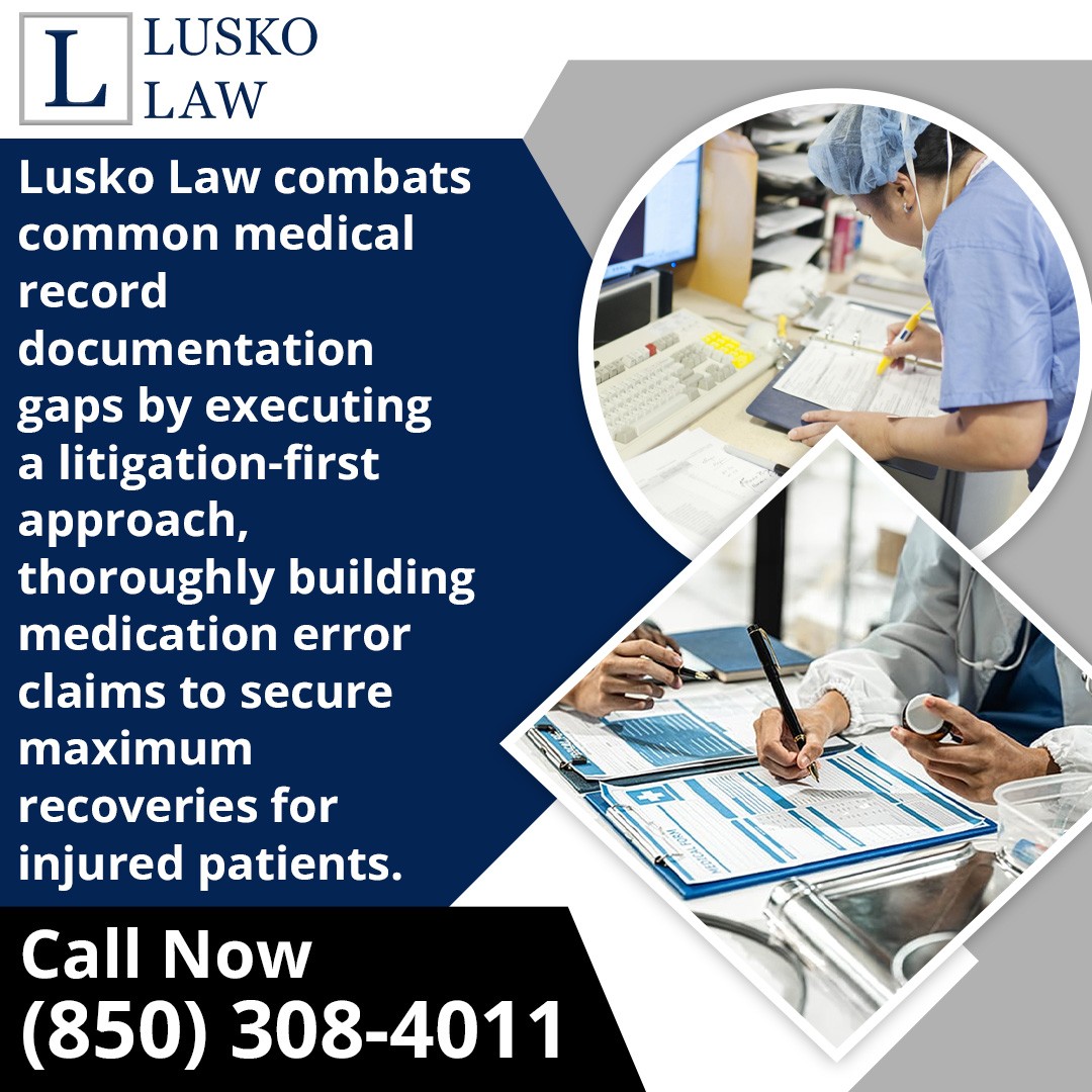 A healthcare worker writing notes on patient medical charts next to text discussing medication error claims and litigation strategies.