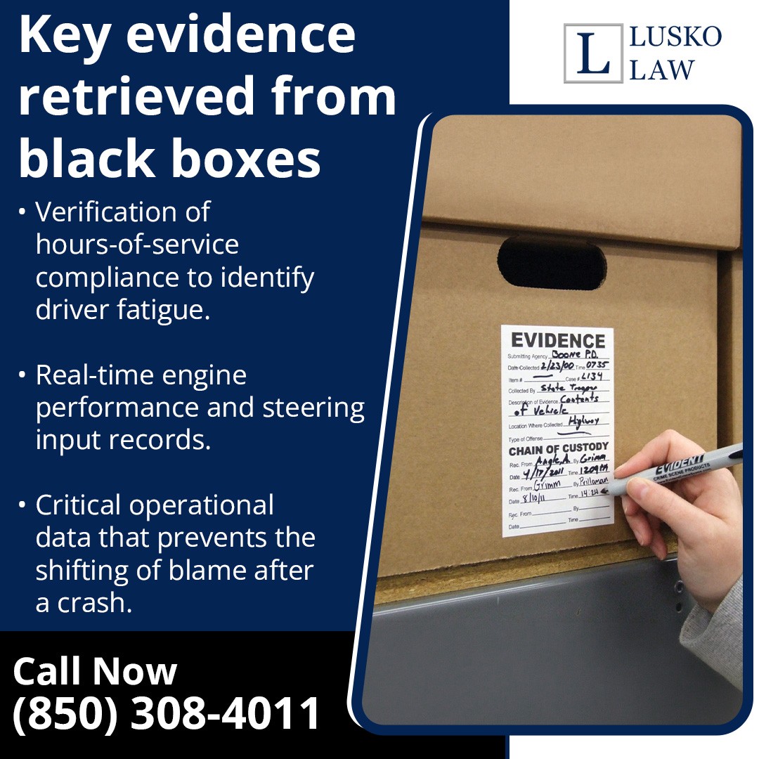 Infographic from Lusko Law listing key evidence retrieved from truck black boxes, featuring an evidence storage box.