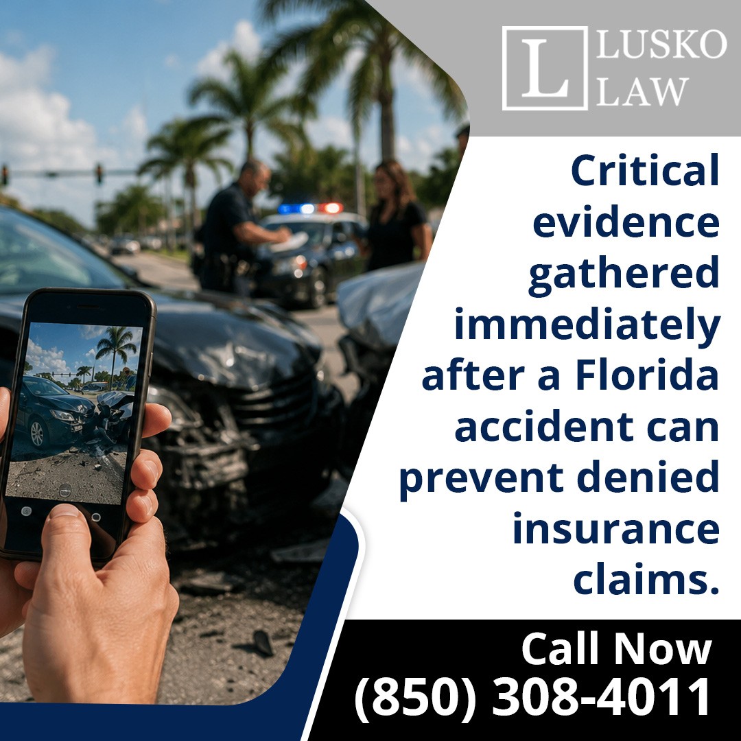 A person holding a smartphone taking photos of a car accident scene with police present in the background, labeled with text explaining that critical evidence gathered immediately after a Florida accident can prevent denied insurance claims, branded for Lusko Law.