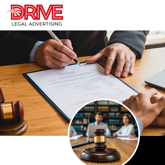 Close-up of a attorney signing a legal document on a wooden desk alongside a judge gavel and courtroom meeting inset, representing Drive Legal Advertising LLC services.