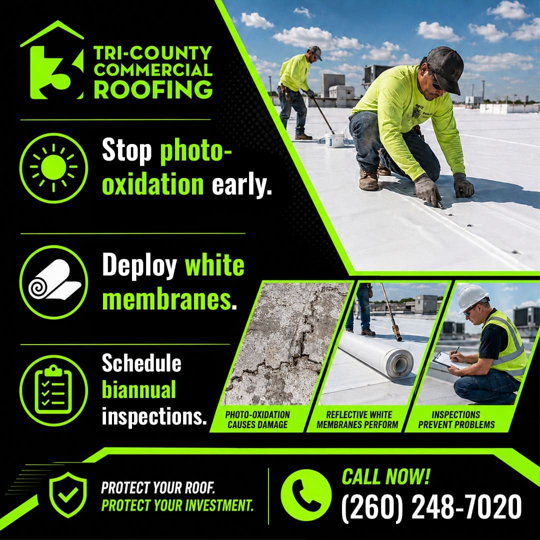 Commercial roofing crew installing reflective white roof membranes and performing preventive roof inspections.